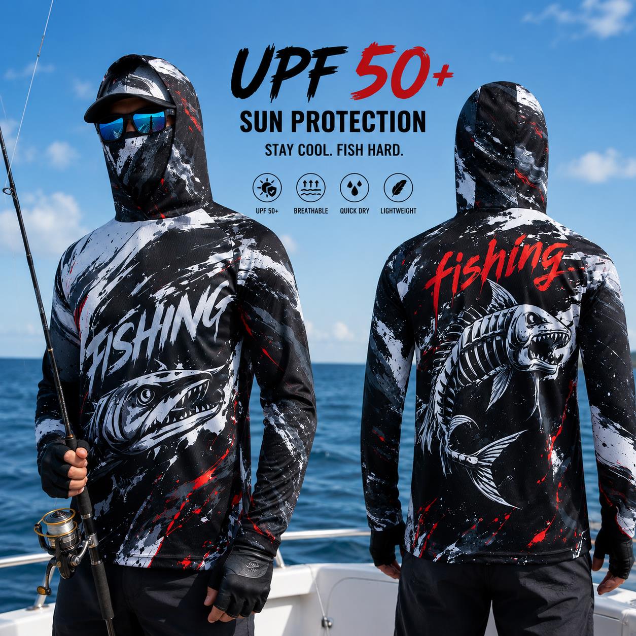 Fishing Hoodie - Kaos Pancing Pria Berkerudung, Pelindung Sinar
